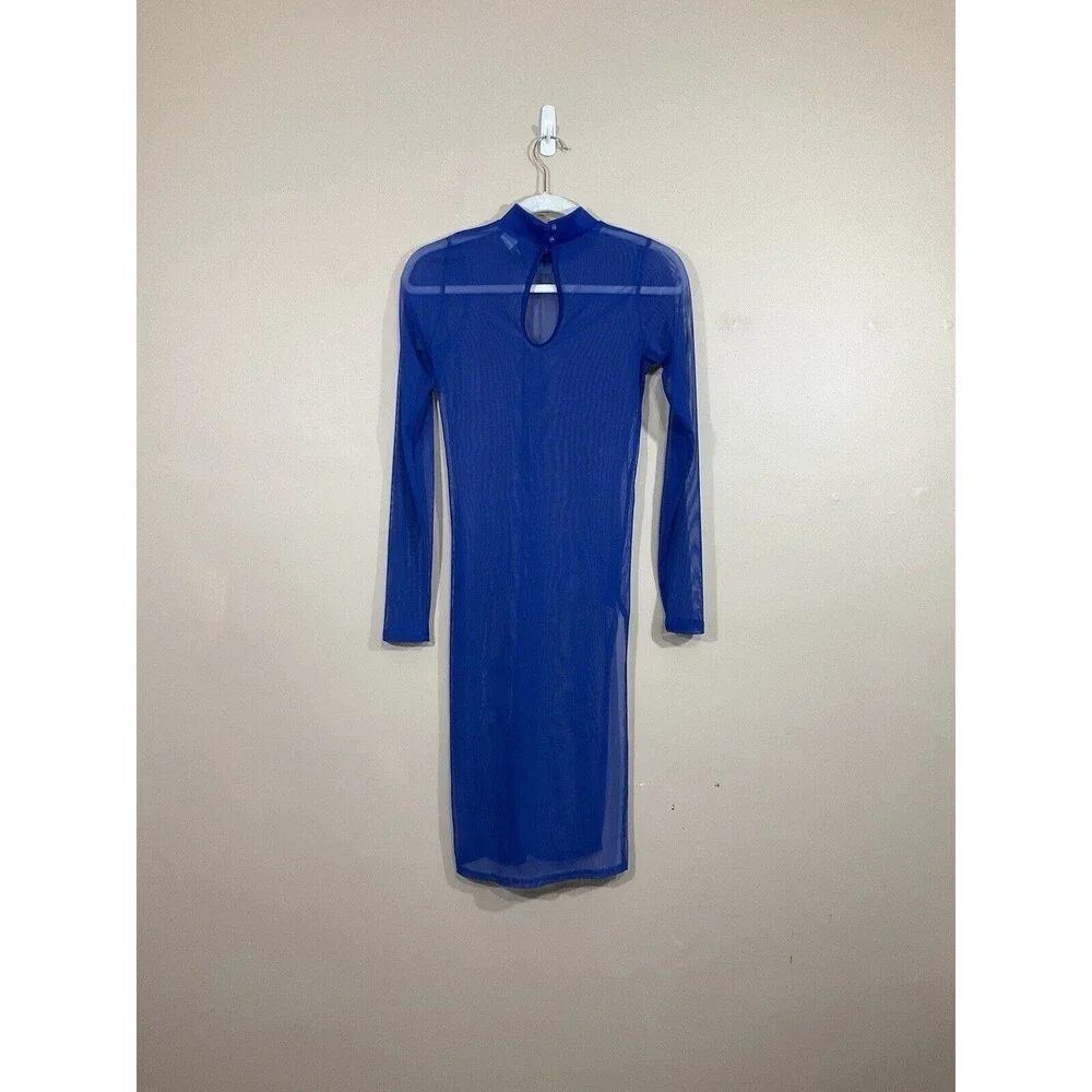 WTD Womens Sheer Mesh Midi Dress M Blue Side Slit Mock Neck Club Rave Party